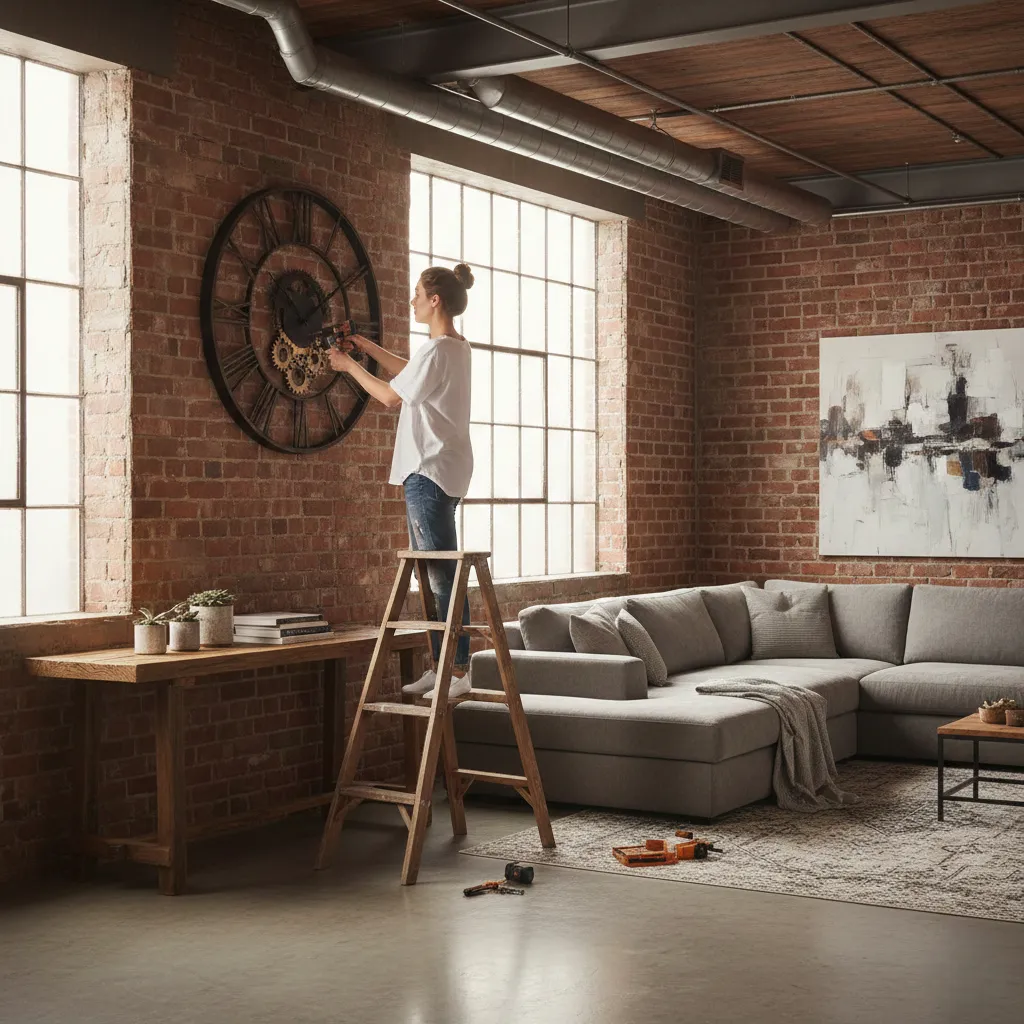 femme accrochant une grande horloge murale dans un intérieur loft