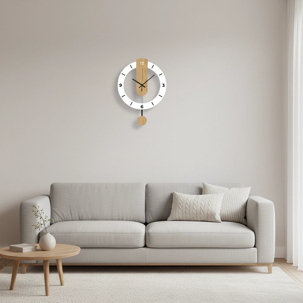 Horloge murale blanche et bois