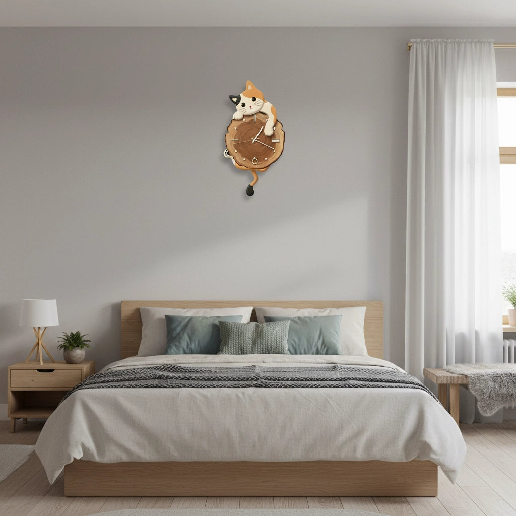 Horloge murale félin rondin animé