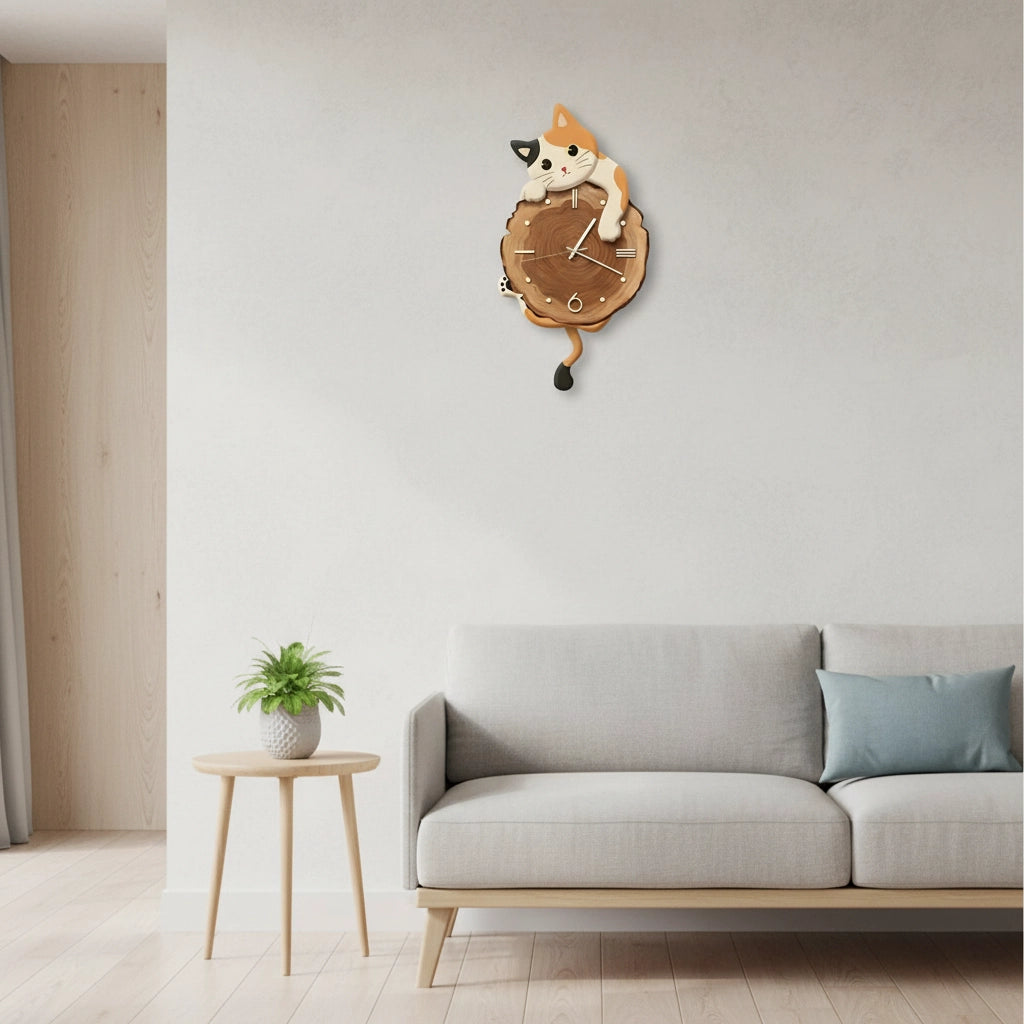 Horloge murale félin rondin animé